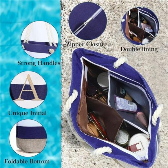 Personalized initial canvas beach tote bag waterproof zipper travel gift for wom - Picture 6 of 7